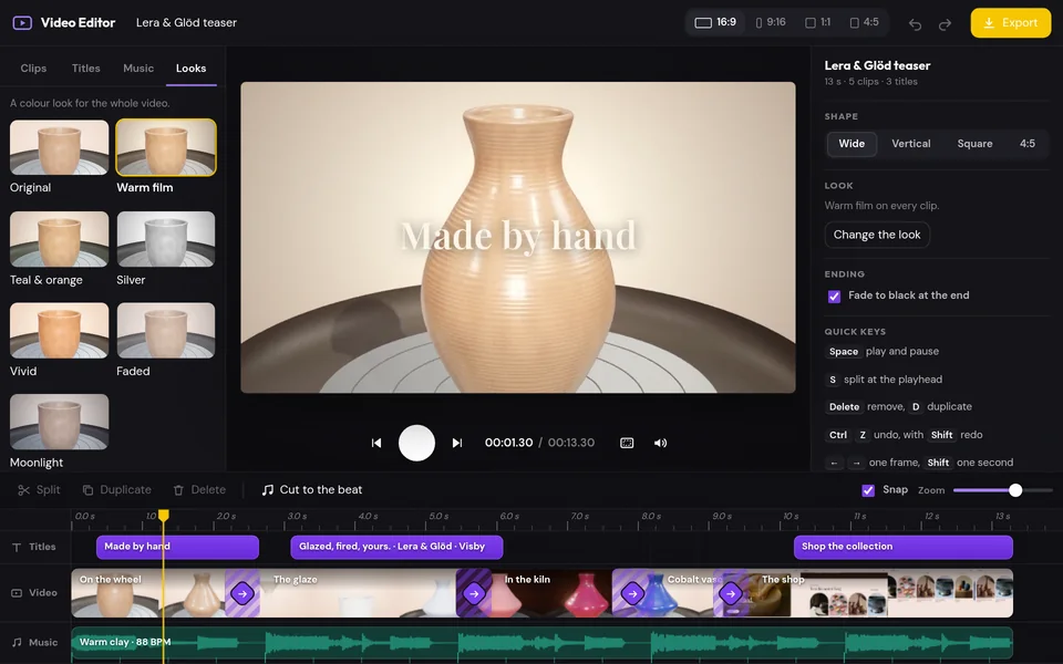 The video editor with colour looks, a title on the picture, and clips, titles and music on the timeline