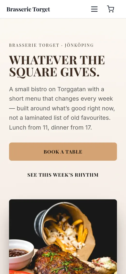 The Brasserie Torget home page on a phone