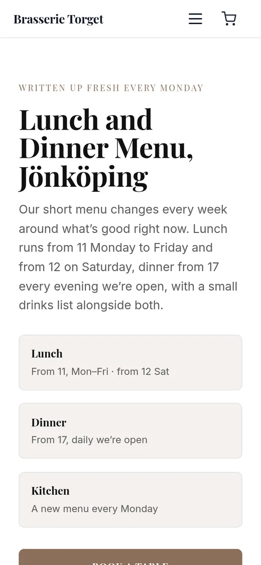 The Brasserie Torget menu page on a phone