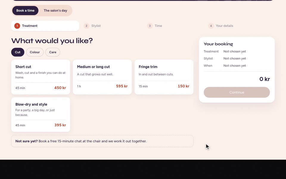 A booking page for a hair salon