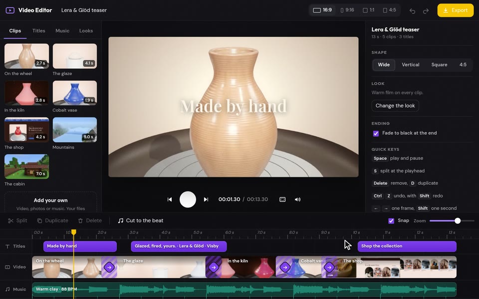 A video editor with clips on a timeline