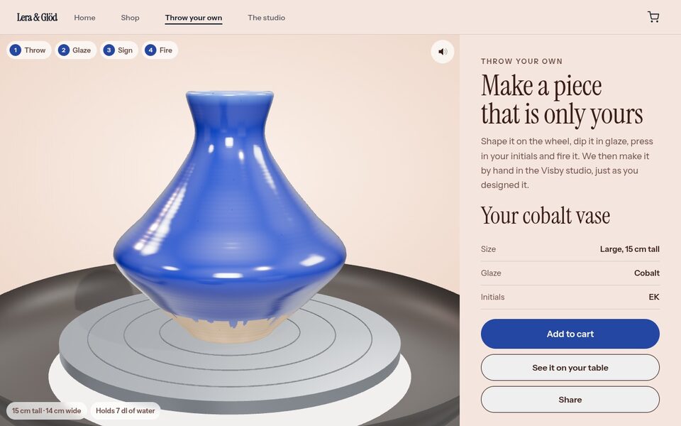 A 3D potter's wheel where a customer shapes a vase and buys it