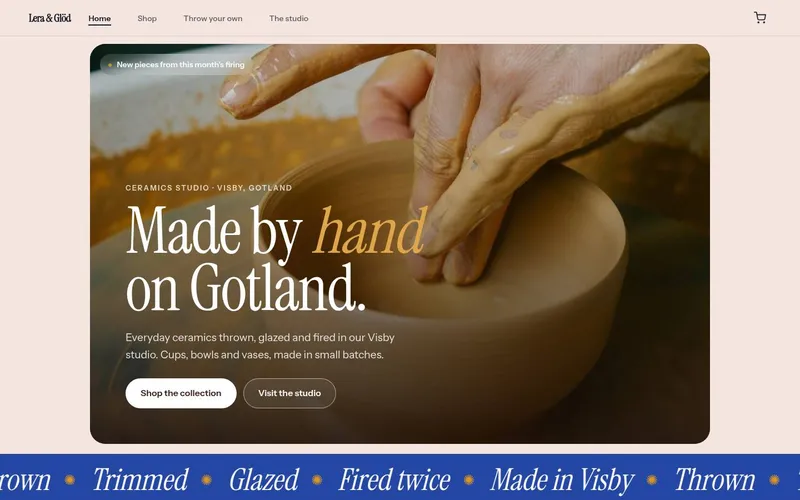 Ceramics shop template with the headline Made by hand on Gotland