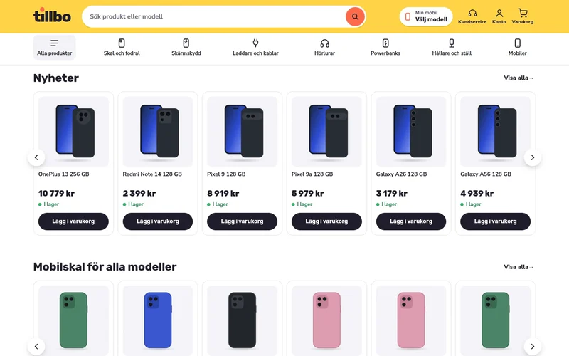 Tillbo: a phone accessories shop with a yellow header, categories and offers