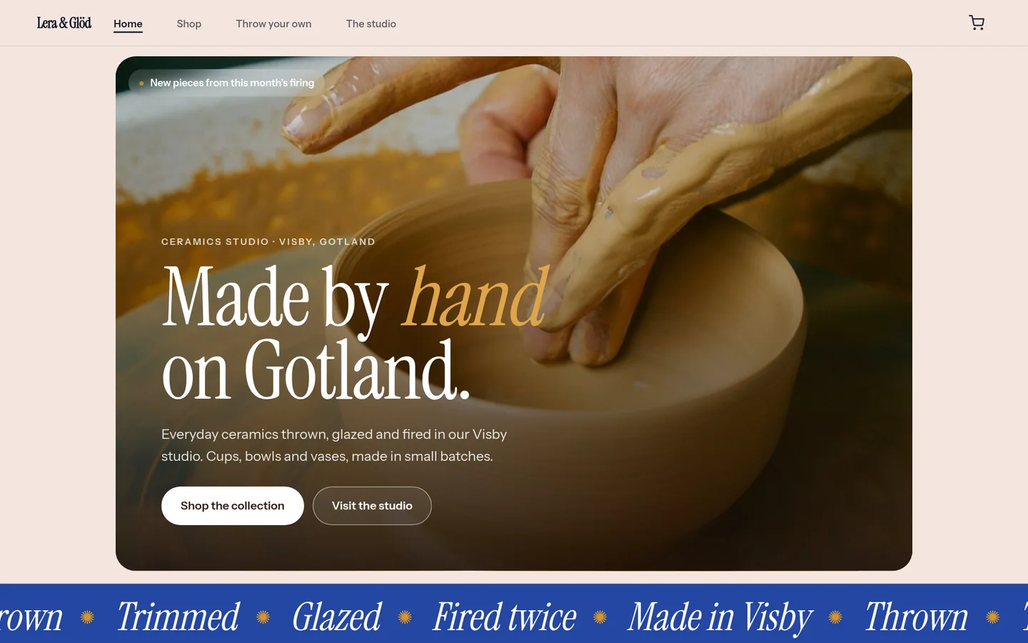 The ceramics shop template: a shop site with the headline Made by hand on Gotland over hands shaping clay