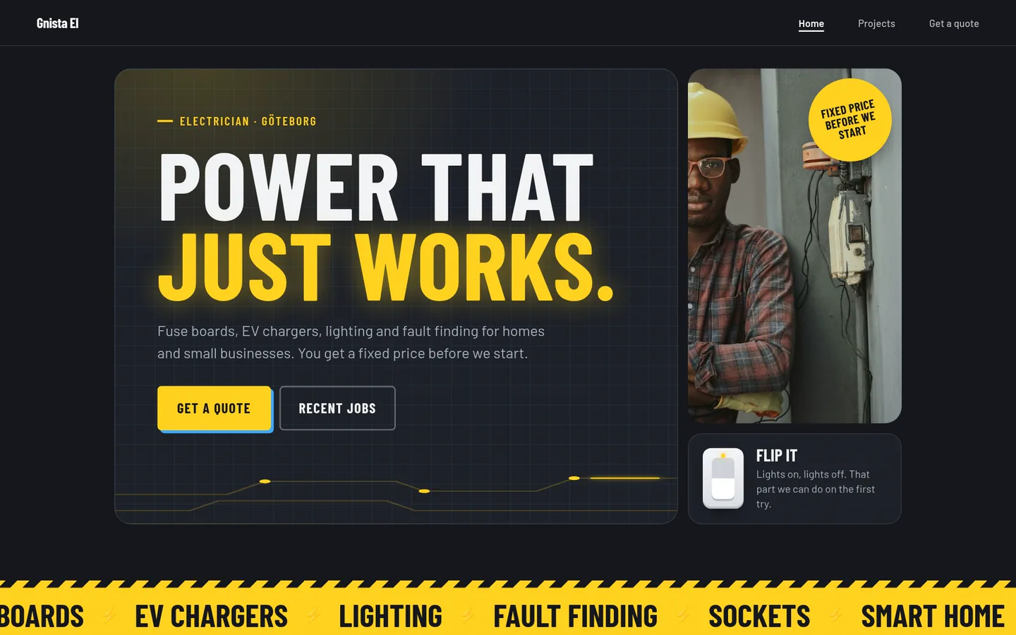 The electrician template: a dark site with the headline Power that just works in white and yellow