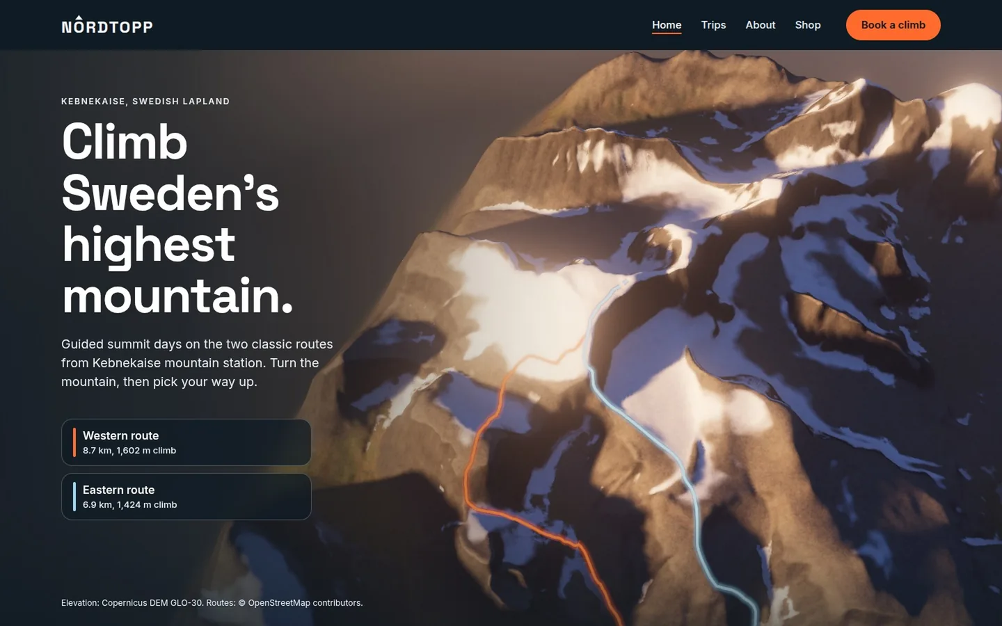 Nordtopp, a mountain guide site with Kebnekaise in 3D: the massif from above with its two climbing routes