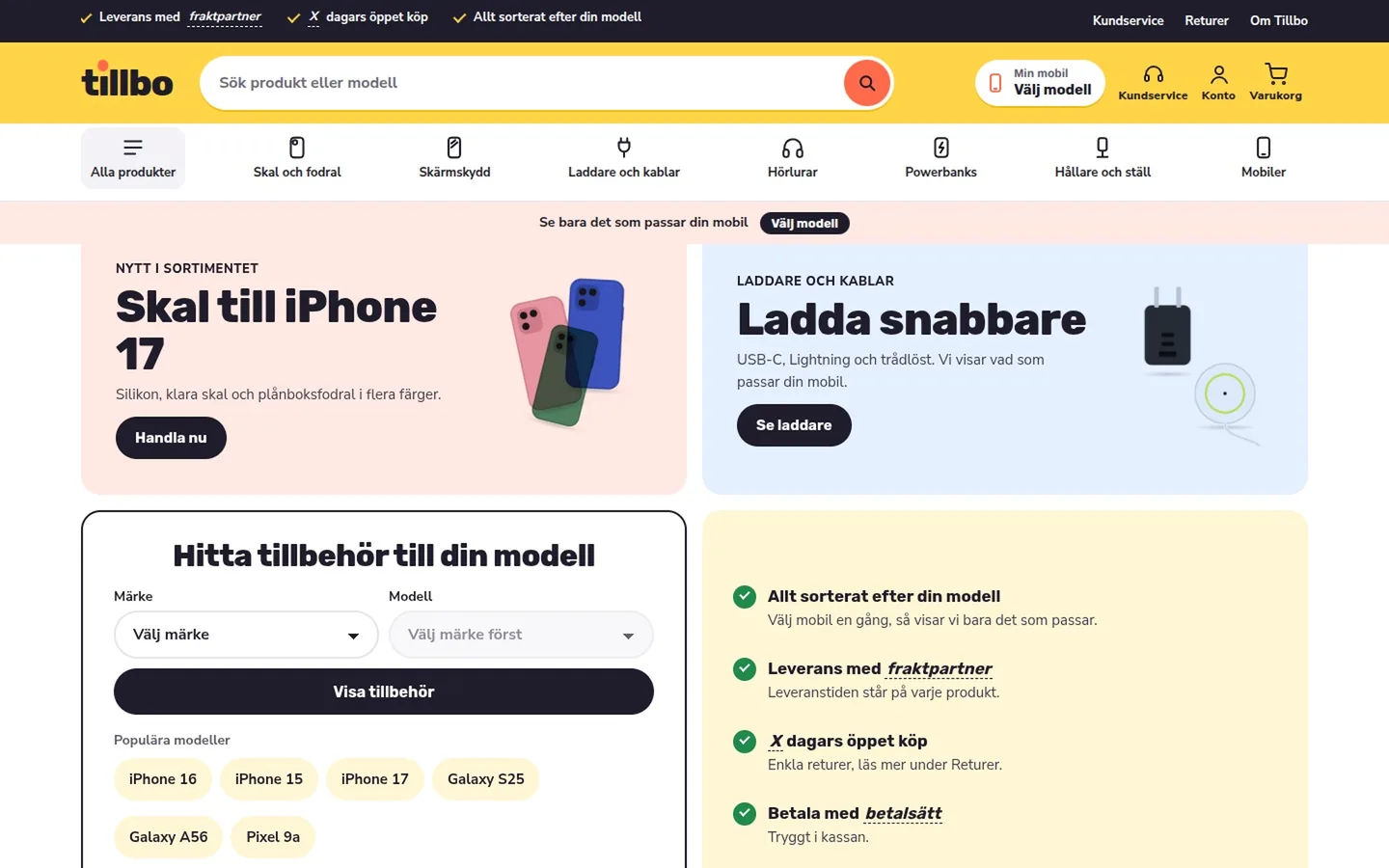 Tillbo, a phone accessories shop: a yellow header with search, product categories and new phones with prices