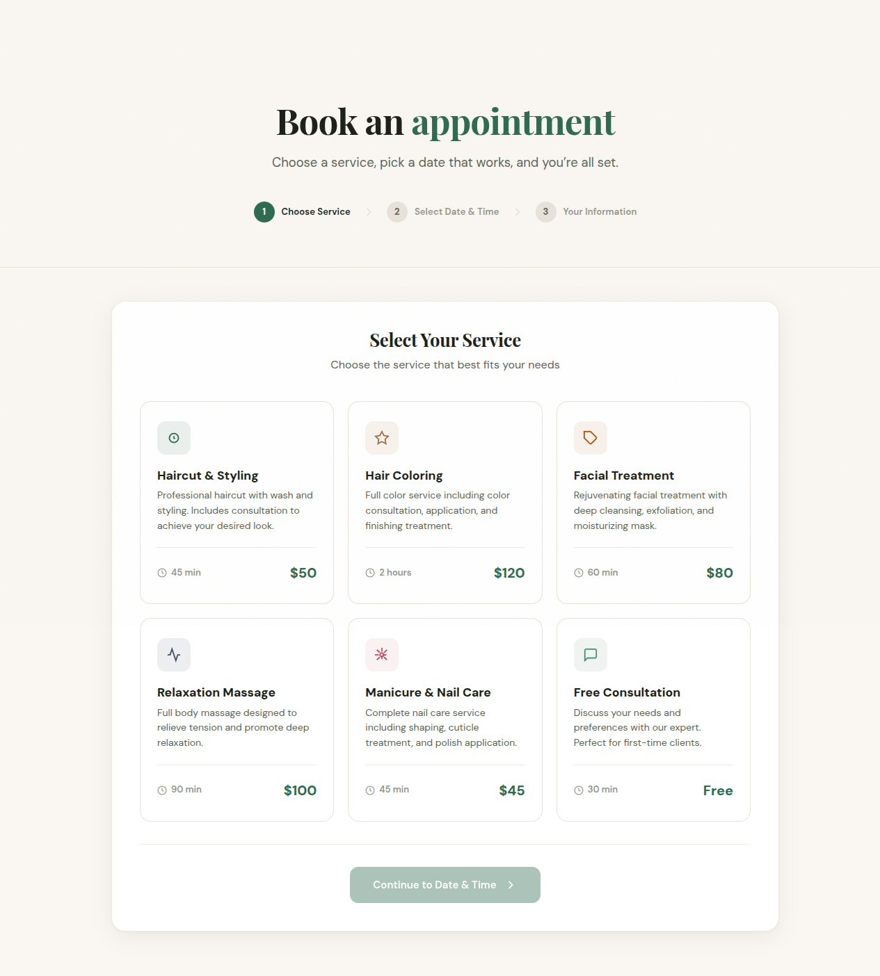 Booking system demo — service selection, calendar, and appointment booking