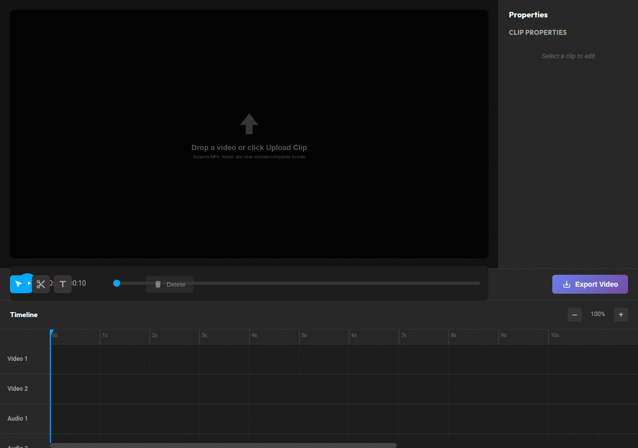 Video Editor — timeline, clips, text overlays, and export