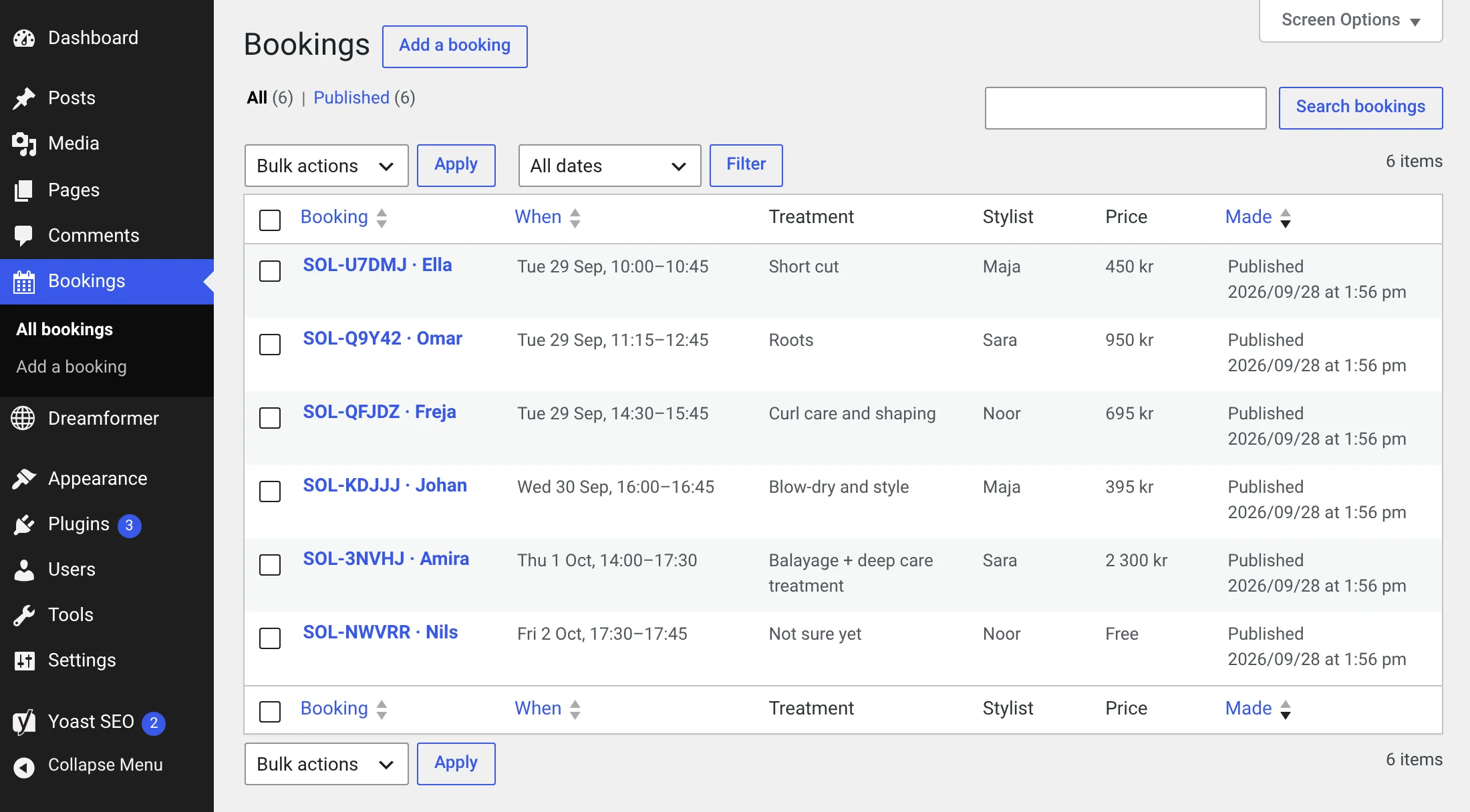 The Bookings screen in wp-admin: each booking with its reference and first name, the day and time, the treatment, the stylist and the price.