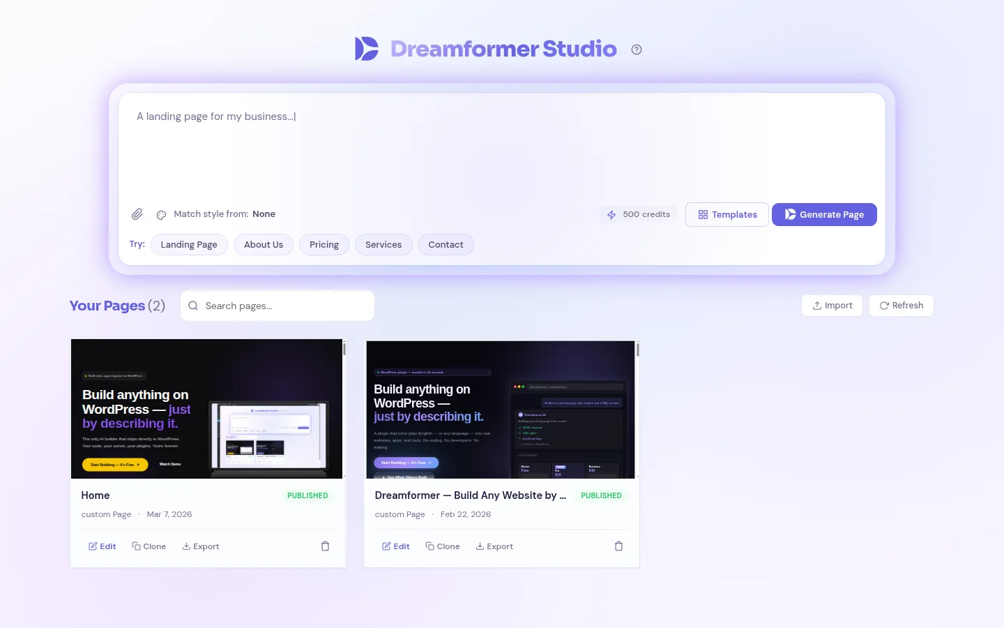 Dreamformer AI Studio — building a small business website