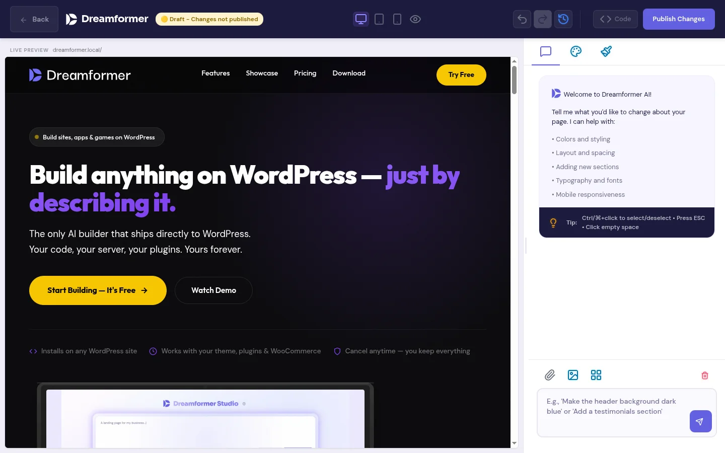 Dreamformer Visual Editor - AI-powered page editing interface