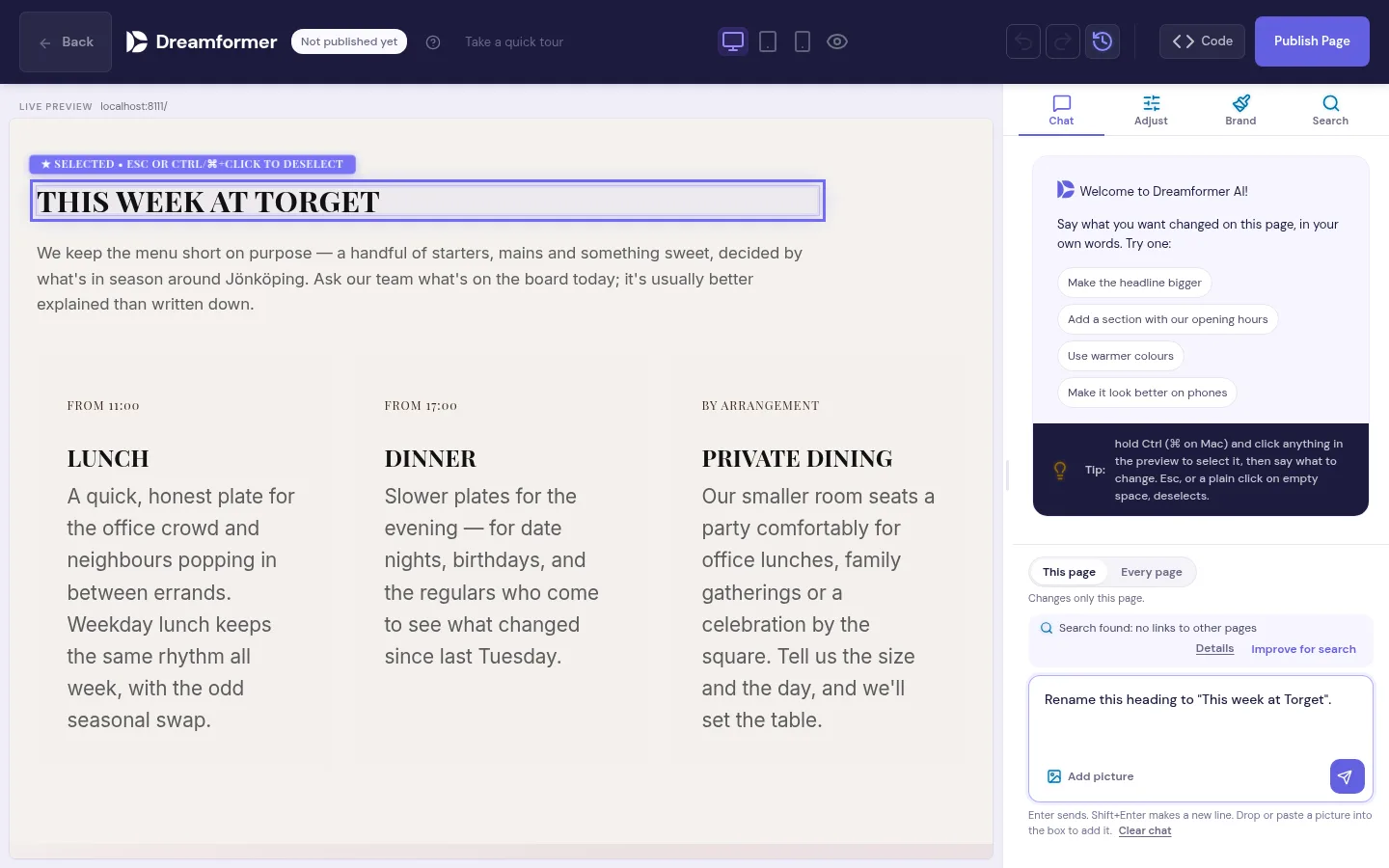 The Brasserie Torget menu section in the Dreamformer editor: lunch, dinner and private dining