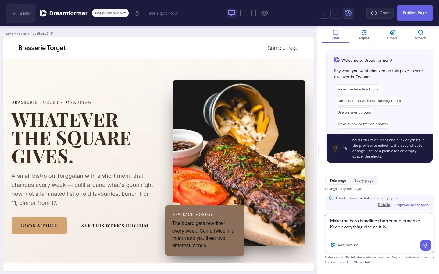 The Dreamformer editor in WordPress: a restaurant page with the chat that changes it