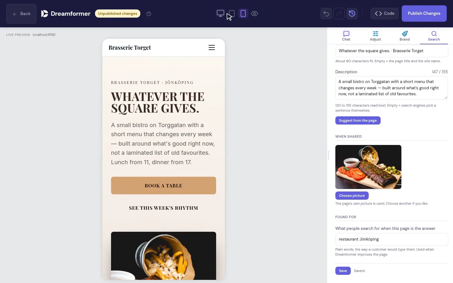 A restaurant page in the phone preview, next to the search tab with its title and description