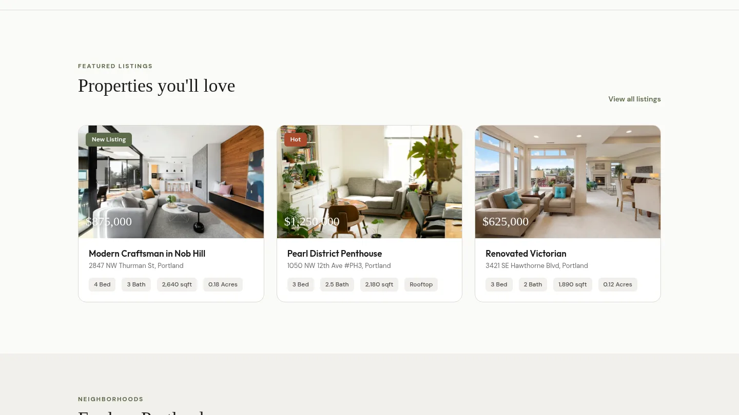 Featured listings with photos, prices, beds, baths and square footage