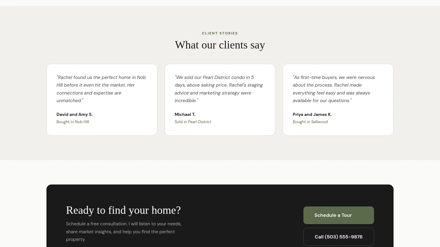 Client stories from buyers and sellers, above a call to book a tour