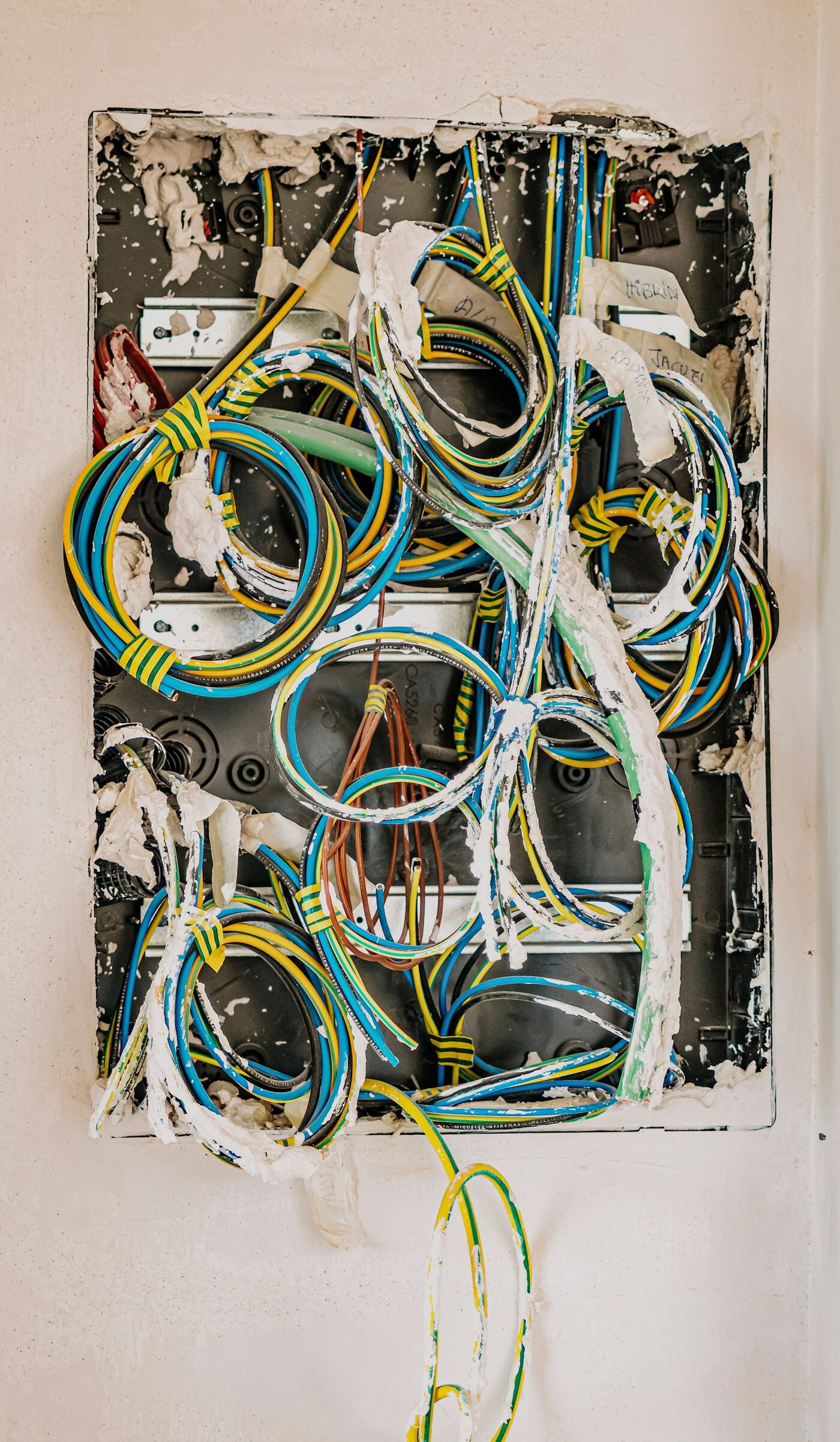 Before: a tangle of old wires in an open junction box