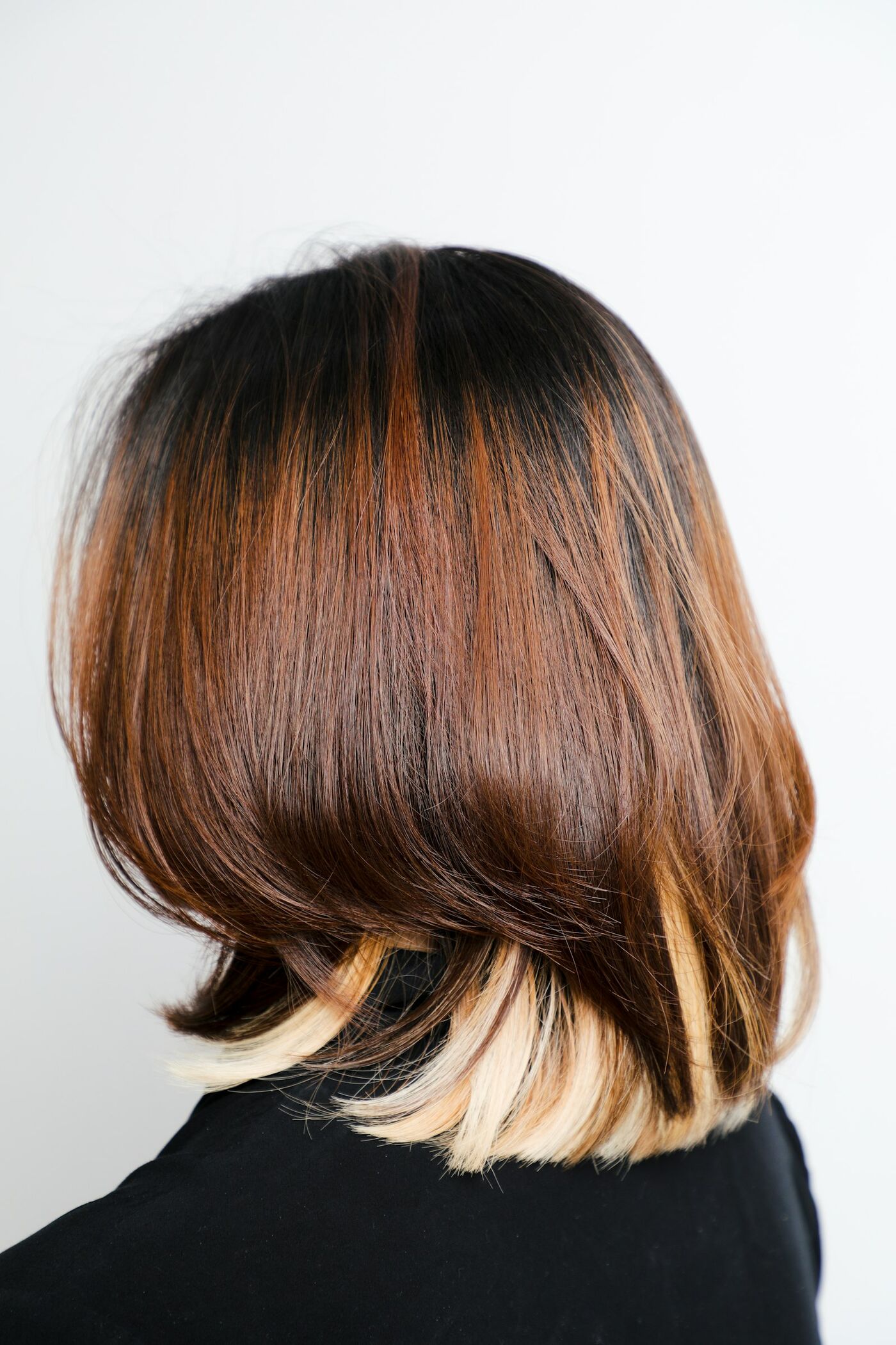A glossy brown bob, seen from behind