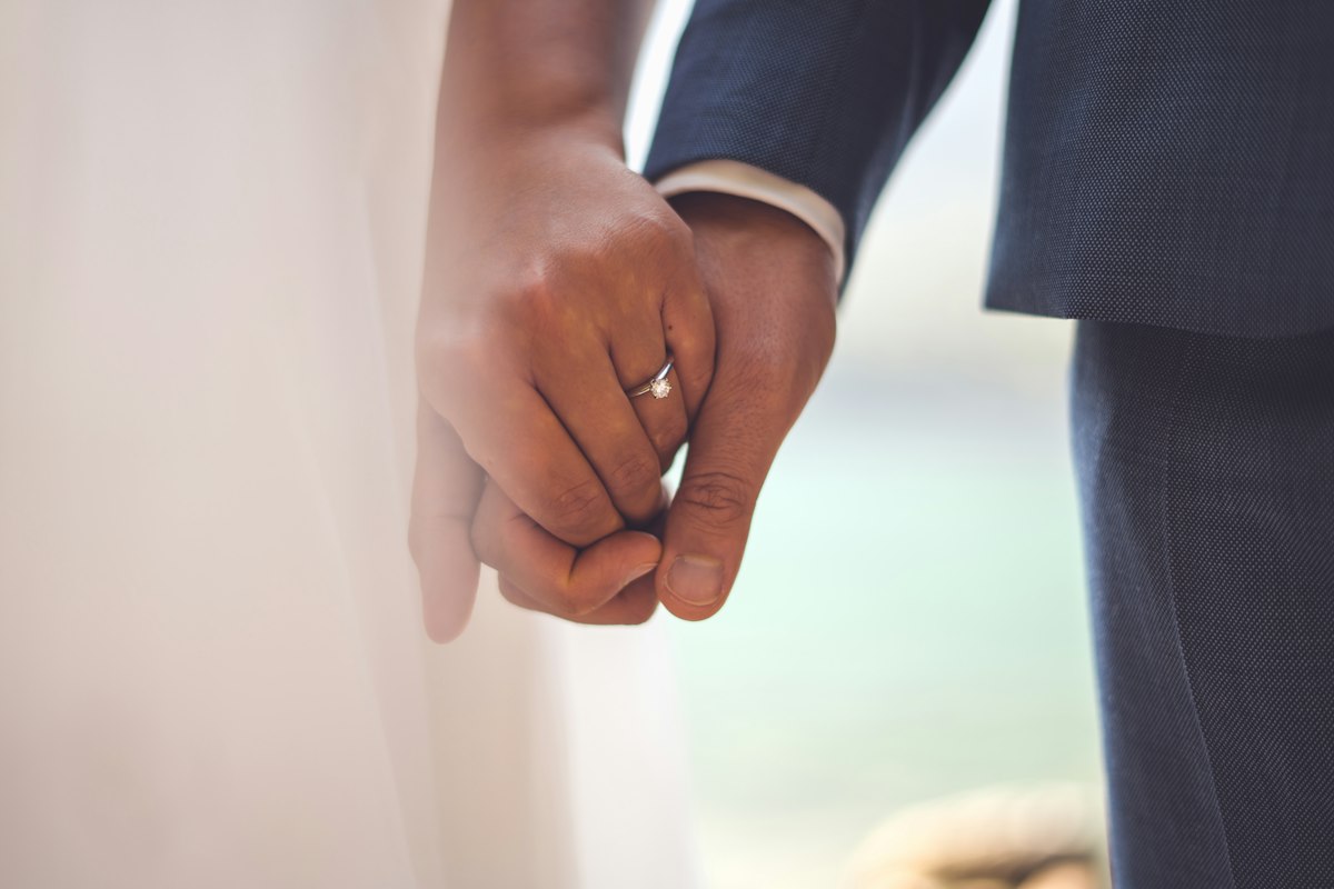 Two hands holding each other, a wedding ring catching the light